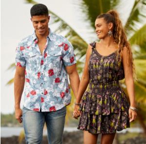 man and woman in western aloha clothing